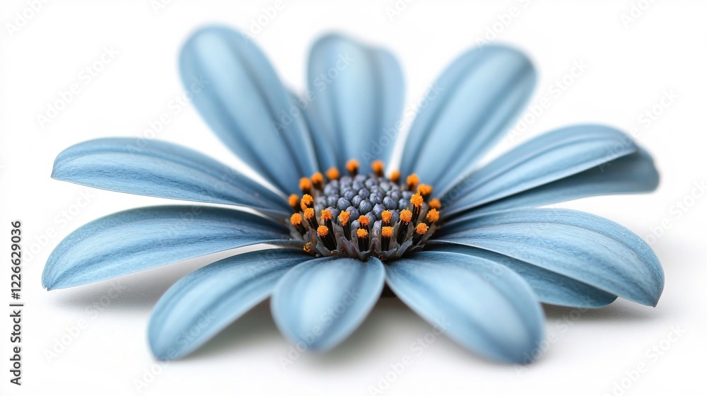 Aufkleber soft blue flower with orange center on white background in macro shot with shallow depth of field