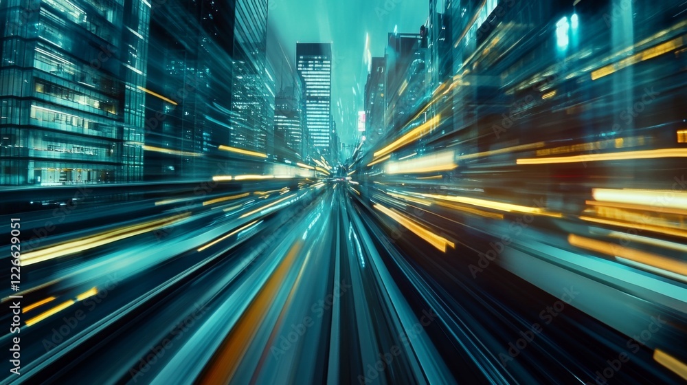 Poster Close-up of a high-speed train in a motion blur, illustrating the incredible speed and efficiency of the train as it travels through a bustling cityscape.