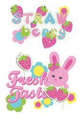A cute pink bunny surrounded by strawberries, perfect for children’s products, baby room decor, and fun, playful designs.