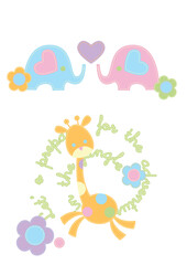 Adorable cartoon elephants with pastel colors, surrounded by hearts and flowers. Perfect for baby shower designs, nursery decoration, and children’s products.