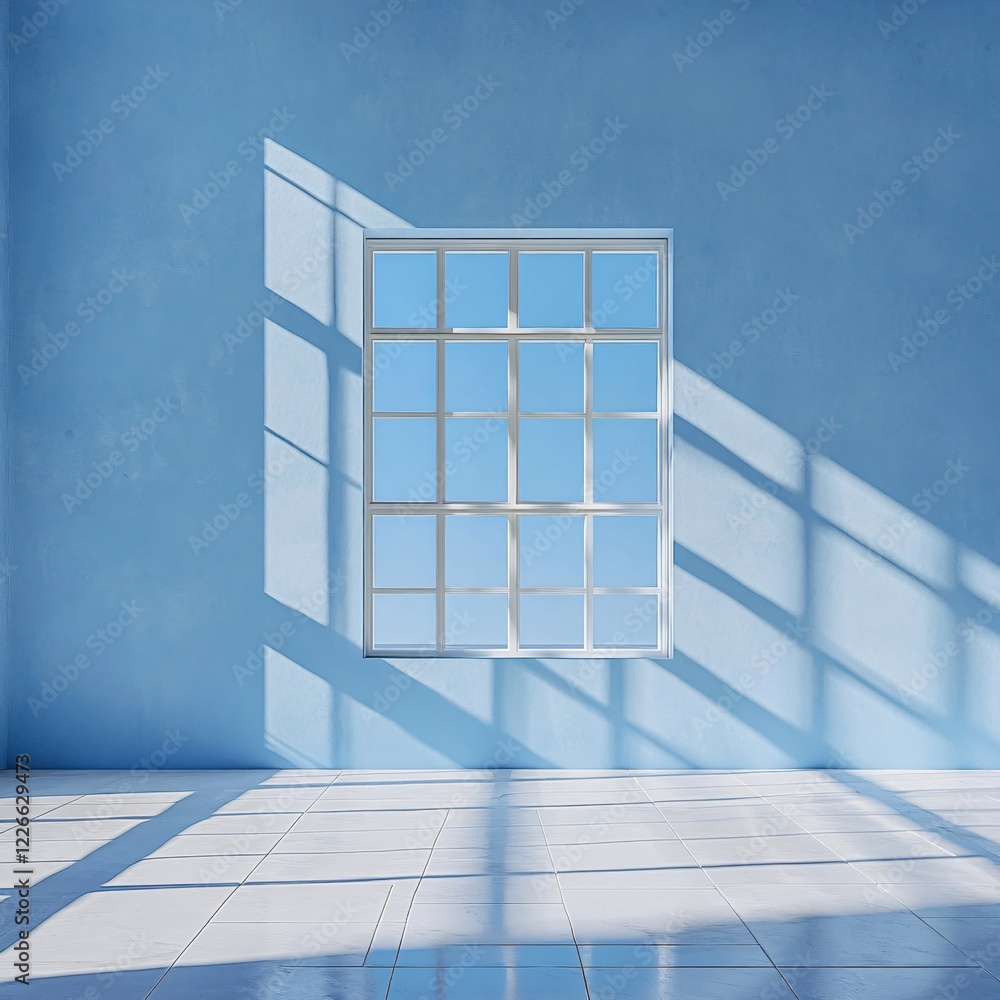 Poster blue wall with window and sunlight creating shadows on the floor in an empty room