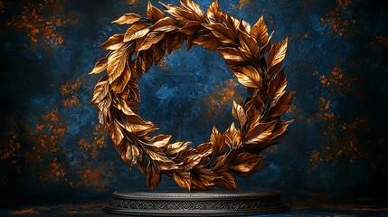 High-resolution photo of a golden laurel wreath trophy standing upright on a mirrored silver base