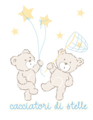 Teddy Bear Flying with Star Balloons  Cute Baby Dream Vector Cartoon Illustration Graphic