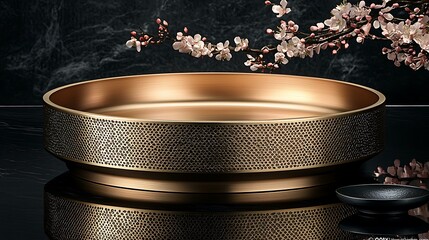 High-resolution photo of a polished gold trophy base with engraved patterns on a dark reflective surface