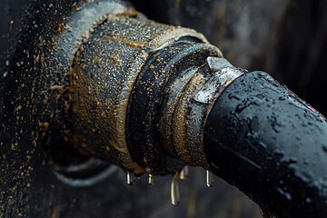Close-up of a wet, muddy fuel nozzle with droplets, highlighting maintenance in an outdoor environment