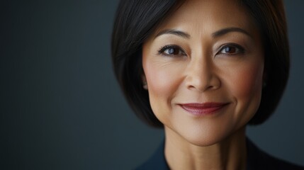 Fototapeta premium Close-up of a professional businesswoman with a warm, engaging smile, captured in high detail, reflecting confidence and competence in her field.