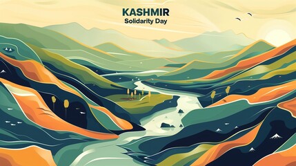 **A creative flat design featuring "KASHMIR Solidarity Day" in Urdu and English, with subtle abstract landscapes of valleys and rivers in the background.