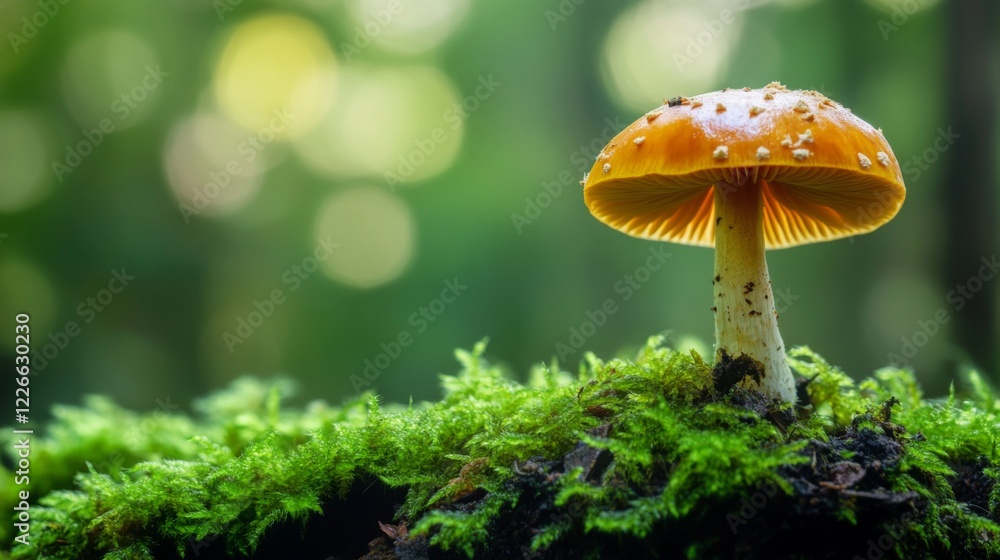 Poster close-up of a single shiitake mushroom with its cap opened slightly, showcasing the gills and the fr