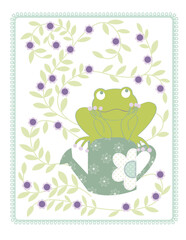 Cute Green Frog Sitting in Watering Can with Leaves  Spring Garden Animal Vector
