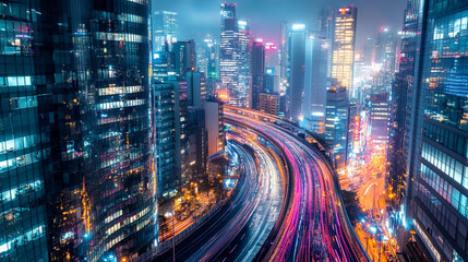 Fototapeta premium Night Cityscape Stunning Modern Urban Skyline Vibrant Light Trails Cityscape Photography view speed 