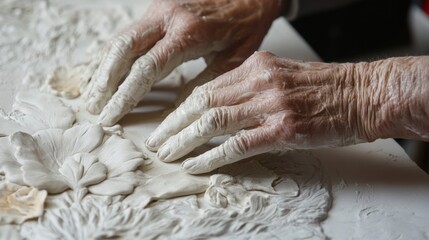Visually impaired artist engages in tactile art creation with skilled hands in a quiet studio