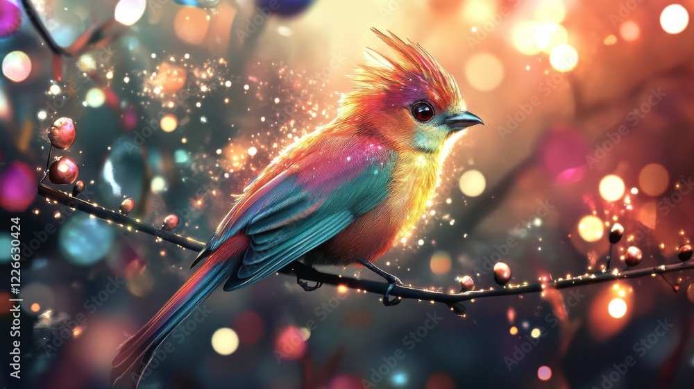 Poster Close-up of a striking bird with elaborate feather details, perched on a branch, with a background of abstract lights creating a captivating and artistic ambiance.