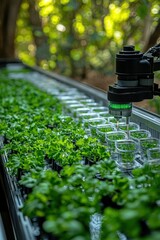 Advanced technology cultivates fresh herbs in a lush greenhouse environment during daytime