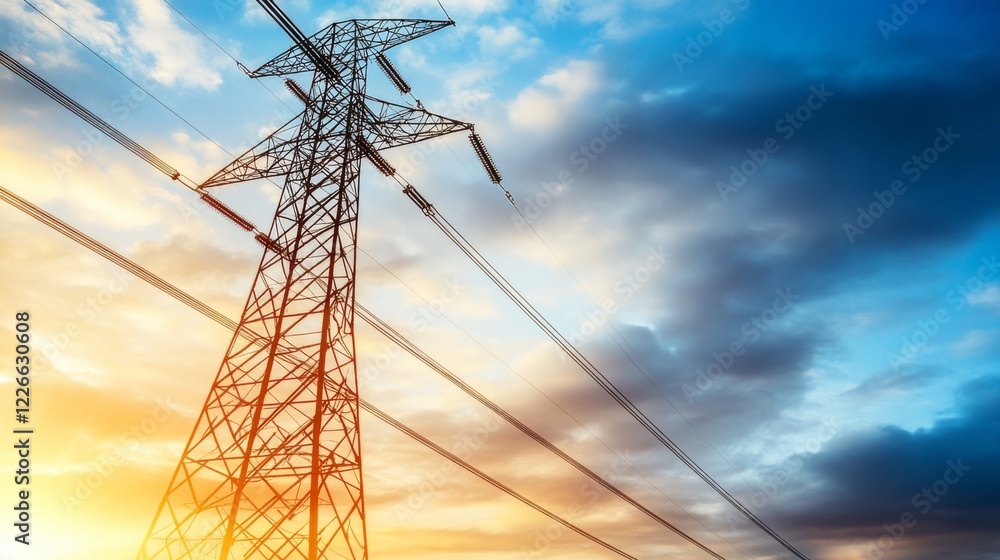 Aufkleber Close-up of a towering electricity pylon with multiple power lines, emphasizing the robust construction and engineering of the electrical transmission system.