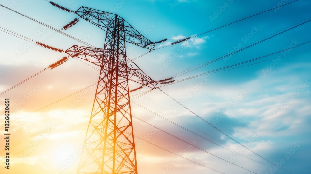 Aufkleber Close-up of a towering electricity pylon with multiple power lines, emphasizing the robust construction and engineering of the electrical transmission system.
