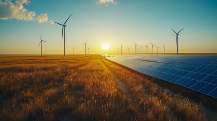 Wind turbines and solar panels under a glowing sunset