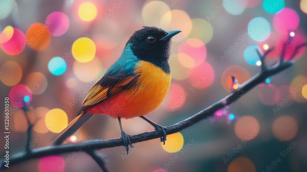 Poster Close-up of a vibrant bird perched on a branch, with a stunning, blurred background of colorful lights and bokeh effects creating a magical atmosphere.