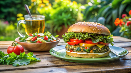 Crispy plant-based burger with fresh greens