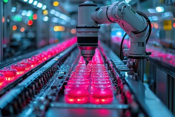 Robotic arm assembles jelly desserts on an automated production line in a factory creating colorful treats at night