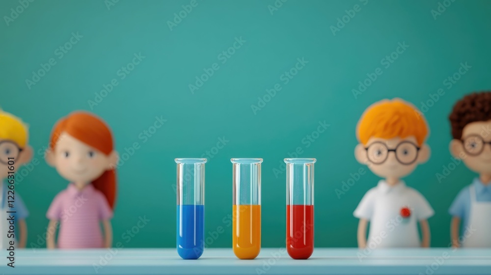 Poster animated 3d science laboratory scene featuring cartoon students working on various experiments with 