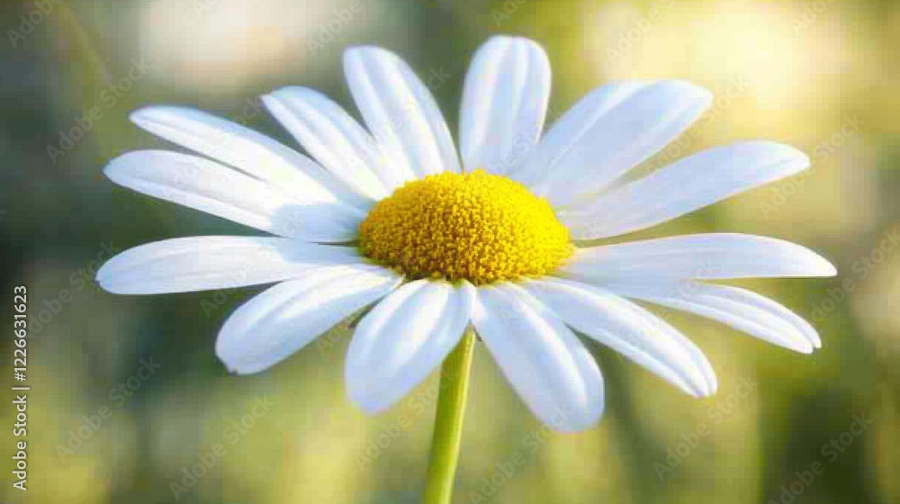 Poster close-up of a white daisy, focusing on the yellow center with soft background blur