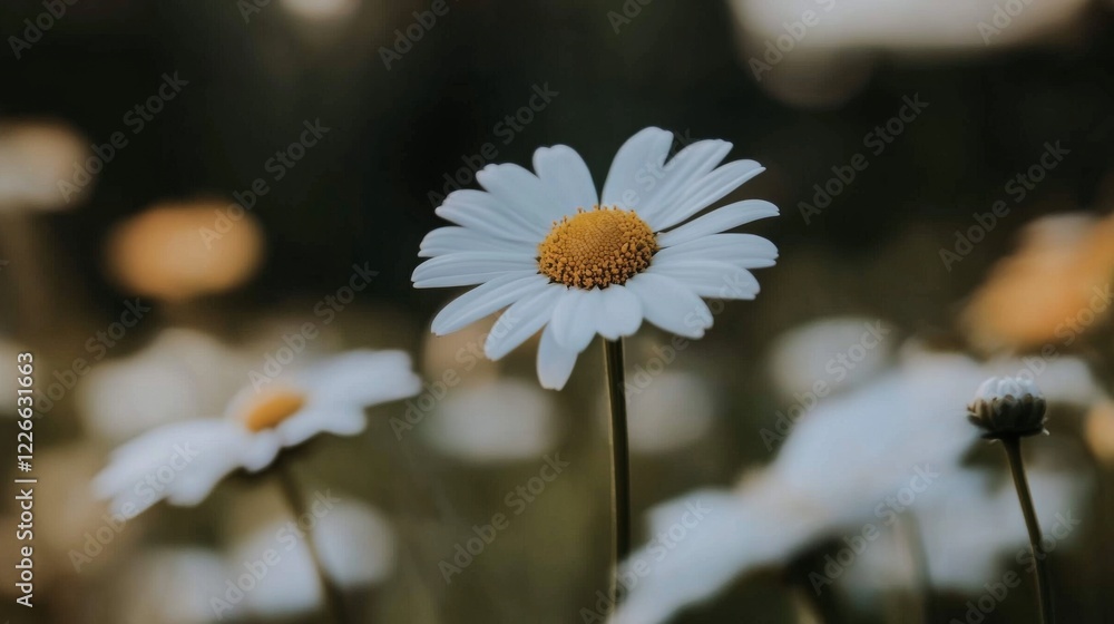 Poster close-up of a white daisy, focusing on the yellow center with soft background blur