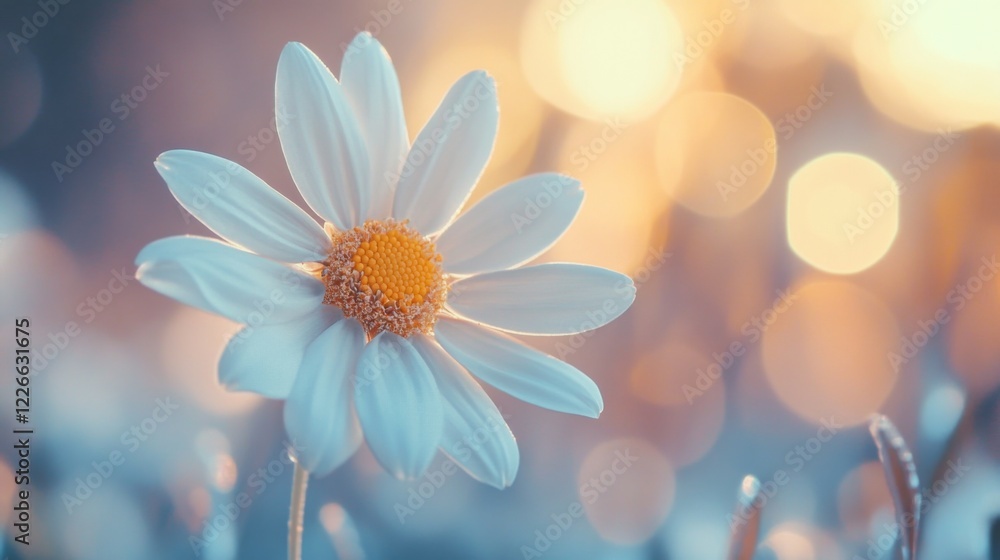 Poster close-up of a white daisy, focusing on the yellow center with soft background blur