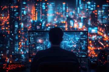 Individual working at a desk with a computer, overlooking a vibrant city skyline at night with glowing lights