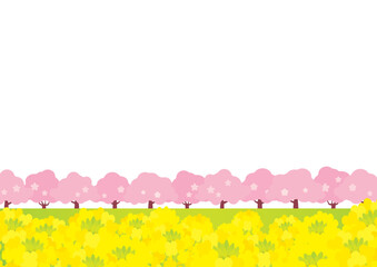 桜並木と菜の花畑の春っぽい背景イラスト