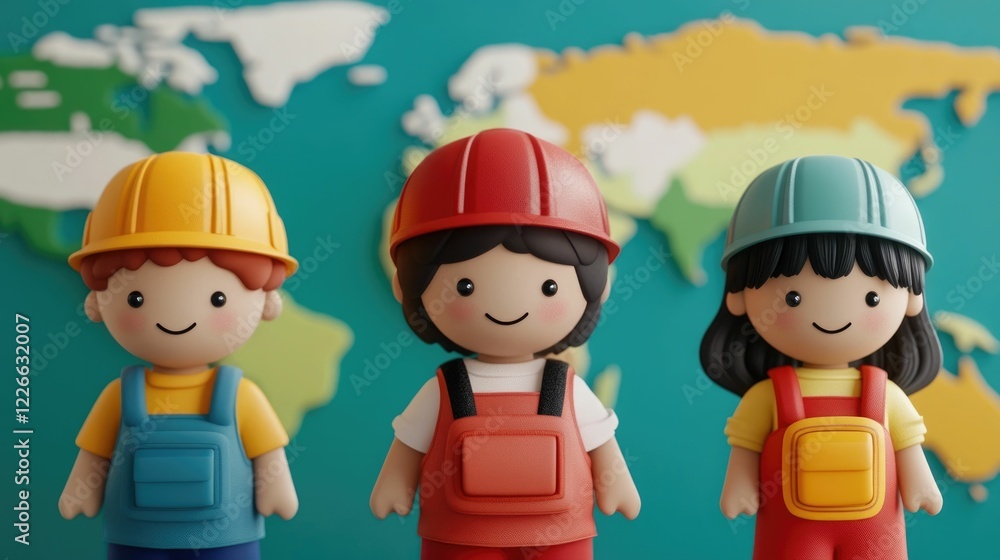 Poster playful 3d animated characters exploring and interacting with a colorful world map learning about co