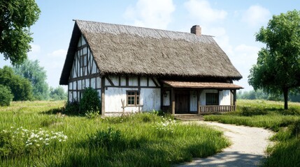 Charming Thatched Roof Cottage in a Meadow