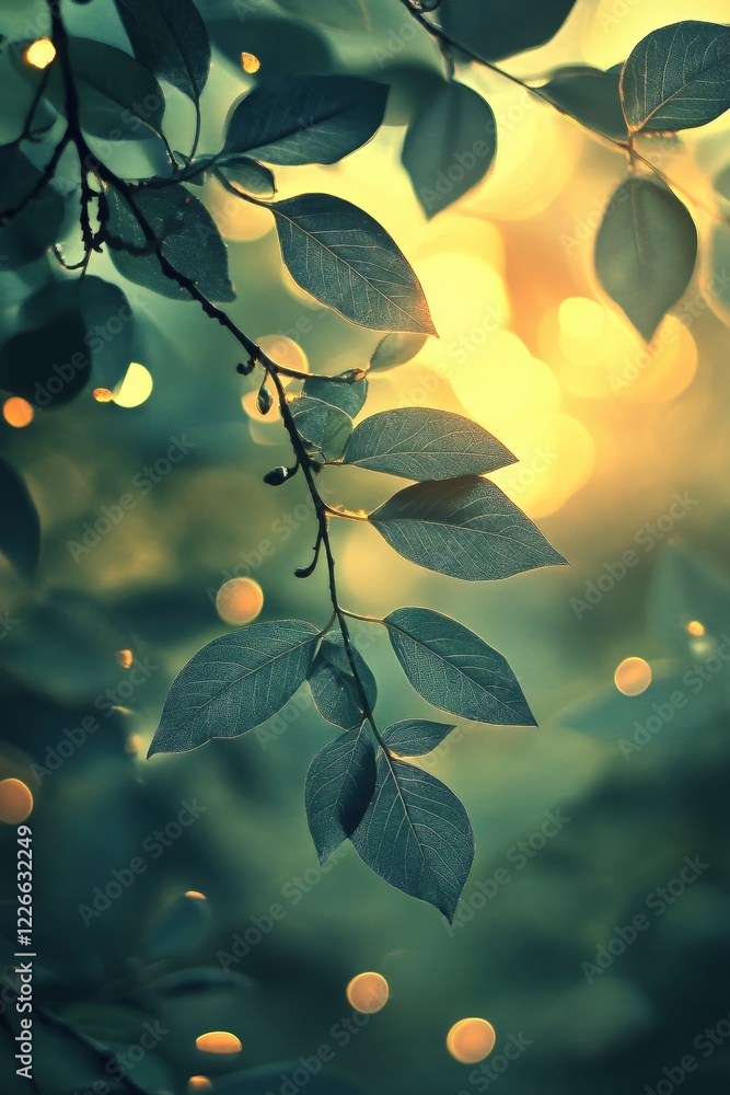 Poster green leaves on a branch with a soft golden bokeh background creating a magical atmosphere