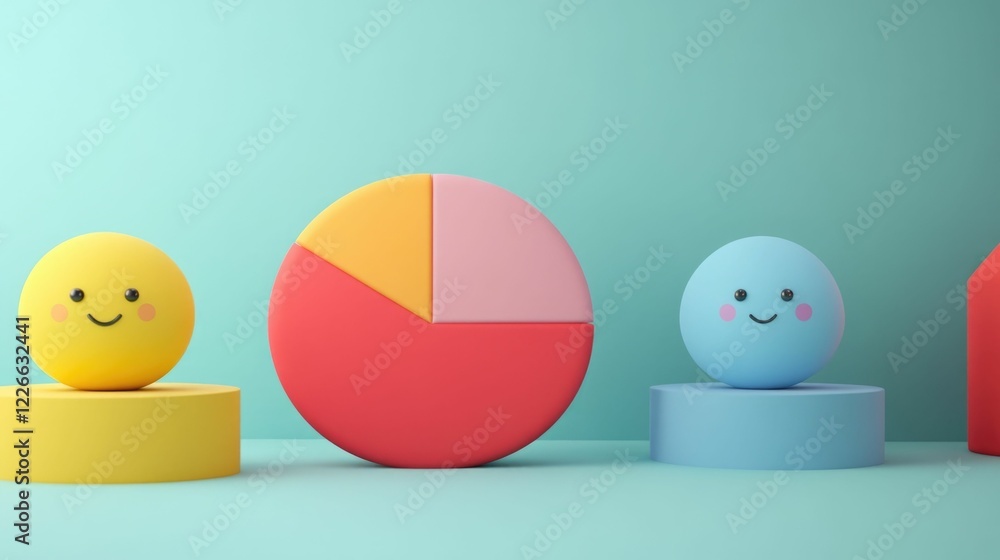 Poster bright and playful 3d animated characters demonstrating math concepts of fractions using colorful pi