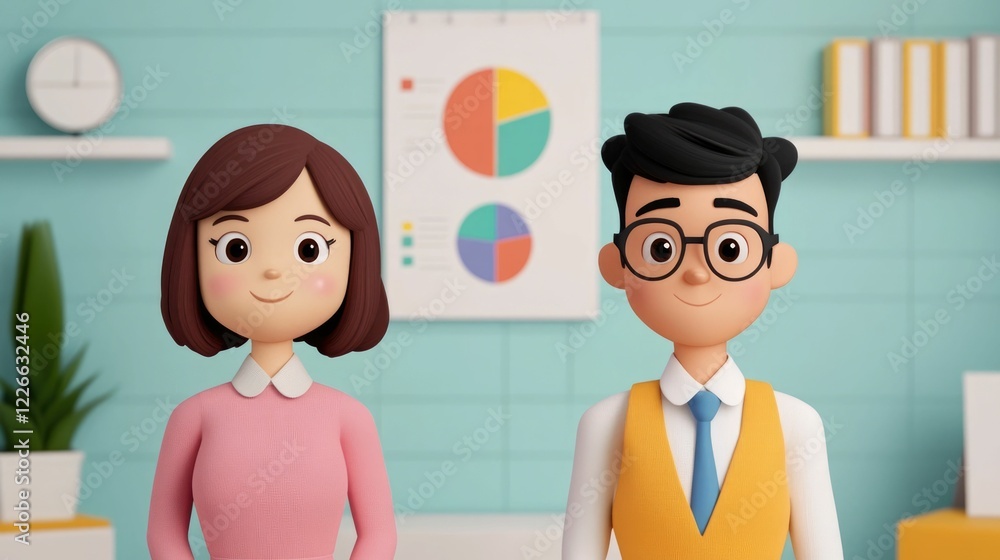 Poster bright and colorful 3d animated characters explaining concepts of fractions using interactive pie ch
