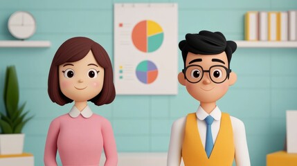 Bright and Colorful 3D Animated Characters Explaining Concepts of Fractions Using Interactive Pie Charts in a Modern Classroom Setting Designed for Educational Learning Enhancement and Engagement