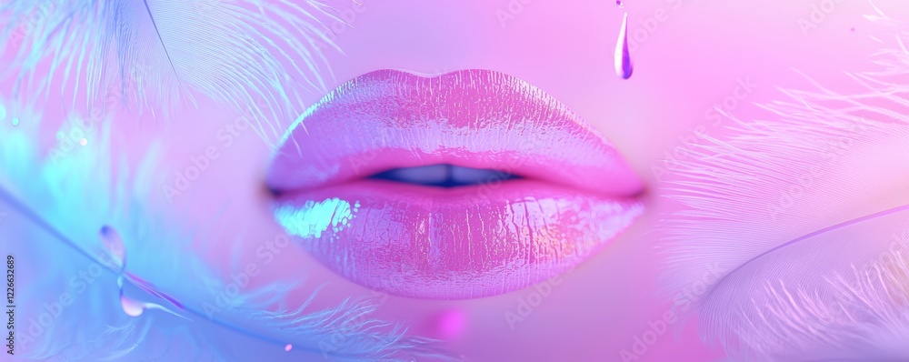 Poster an abstract depiction of glossy lips interacting with feathers, with pastel tones and soft light ble