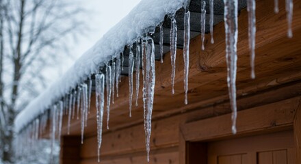 Hanging frozen icicles on the roof of a home or a house create a beautiful yet dangerous winter