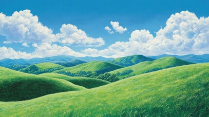 Obraz premium Rolling green hills under a summer sky, pastoral scene