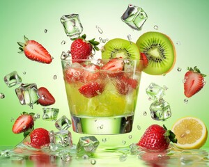 An artistic arrangement of a tropical fruit drink with fresh kiwi and strawberries, set against a soft green background with ice cubes and scattered lemon slices.