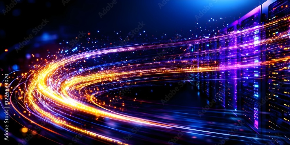 Poster a vibrant, abstract representation of data transmission with dynamic light trails and a background s
