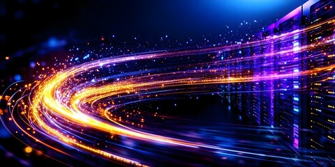 Obraz premium A vibrant, abstract representation of data transmission with dynamic light trails and a background suggesting technology or servers. Concept Abstract Data Transmission, Dynamic Light Trails