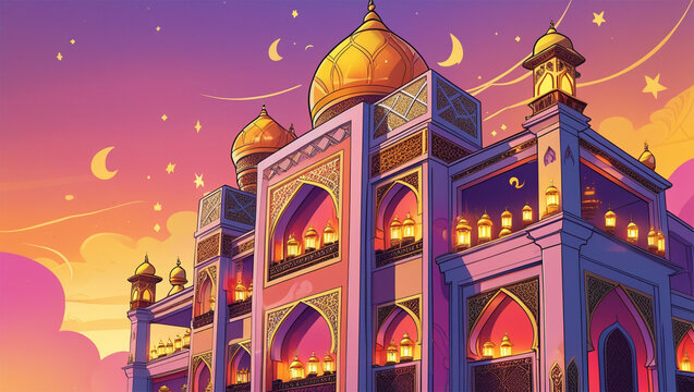 A digital illustration of a mosque at sunset, with crescent moons and stars overhead.