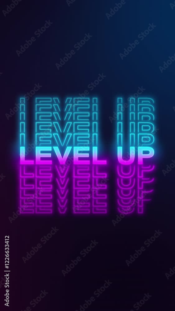 Poster vertical video animation of level up title animation in neon blue and neon magenta on a dark backgro