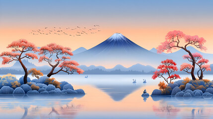 Serene Fuji Sunrise, Lake Reflection, Birds