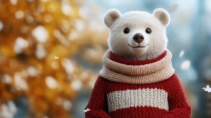 Cheerful 3D animated bear character in a warm winter outfit teaching kids about the changing seasons and environmental awareness through interactive tree visuals  The bear serves as a friendly