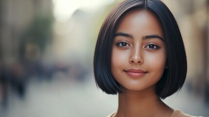 Fototapeta premium Close-up of a woman with a chic bob haircut, emphasizing the sleek, well-maintained ends and the overall stylish look against a clean background.
