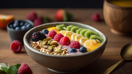 Delicious Healthy Smoothie Bowl with Fresh Fruits Granola Seeds kiwi food diet meal mango vegan     