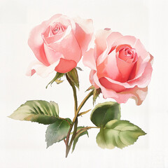 Delicate Pink Roses in Watercolor Style on a White Background, Elegant Floral Illustration