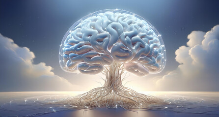 Generated image An artificial intelligence that has roots like a tree and a brain made entirely of light and glass, with light shining through it　Generative AI