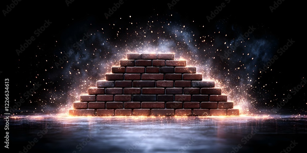 Poster a pyramid-shaped structure made of bricks with glowing edges and particles of light surrounding it i
